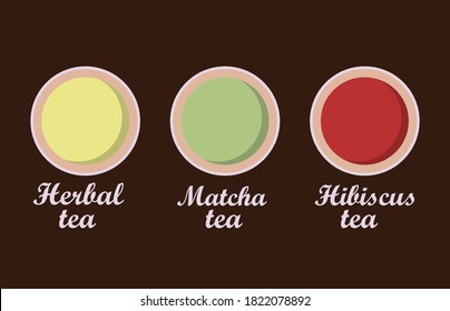 Varieties of teas. Herbal tea, Matcha tea, Hibiscus tea