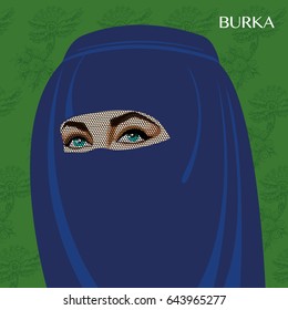 Varieties of traditional Muslim women's clothes - burka. Look and rules of wearing Islamic clothing. Vector Illustration