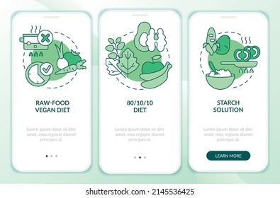Varieties of vegan diet green onboarding mobile app screen. Walkthrough 3 steps graphic instructions pages with linear concepts. UI, UX, GUI template. Myriad Pro-Bold, Regular fonts used