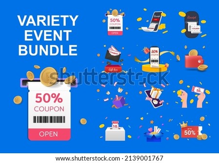 variety 3d event bundle illustration set. gift box, present, coupon, coin, mobile. Vector drawing. Hand drawn style.