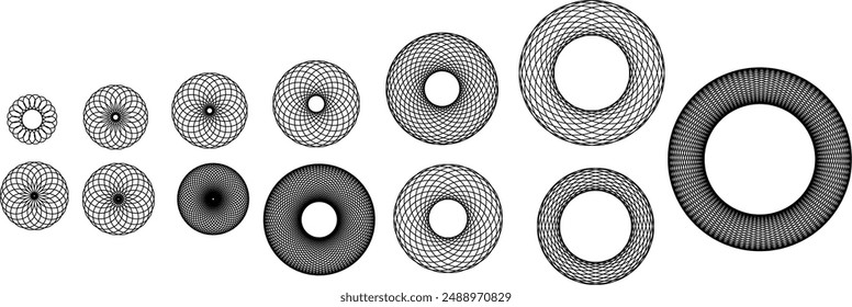 Variety of 3d Torus Wireframe Vectors in Different Sizes, Editable 