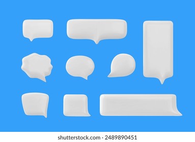 Eine Vielzahl von 3D-Vektorillustrationen von Dialogfeldern. Set von leeren weißen Chatblasen verschiedener Formen, ideal für Social Media-Kommunikation auf einem isolierten blauen Hintergrund.