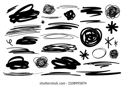 A variety of abstract lines and brush strokes, squiggles, handwriting. Vector illustration on a white isolated background. Black and white simple silhouette. Doodle style