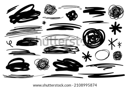 A variety of abstract lines and brush strokes, squiggles, handwriting. Vector illustration on a white isolated background. Black and white simple silhouette. Doodle style
