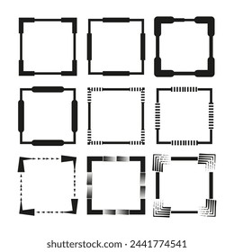Variety of abstract square borders. Geometric frame set. Dynamic block lines. Decorative corner designs. Vector illustration. EPS 10.