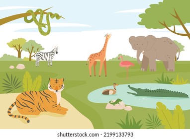 A variety of African animals live in national parks. flat design style vector illustration.