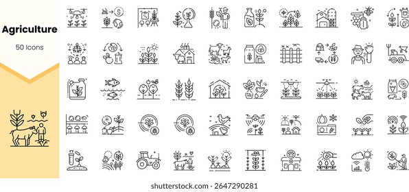 Variety of agriculture-themed icons showcasing elements like farming, livestock, plants, and tools, designed in a minimalist black and white style.