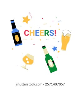 Variety Of Alcoholic Drinks With Cheers Text In Flat Vector Illustration Symbolizing Celebration, Party, And Festive Spirit, Isolated On White Background