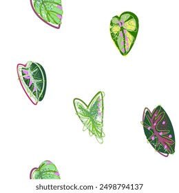 A variety of alocasia leaves. Vector seamless pattern. Wildlife concept. A hand-drawn illustration, not an AI