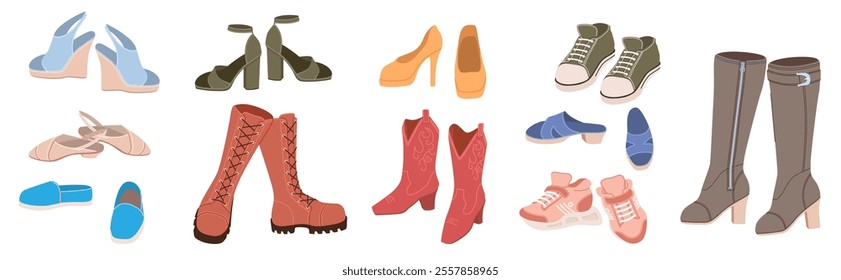 Variety assortment of female shoes isolated set