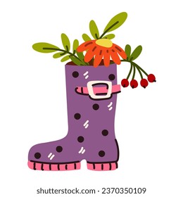 A variety of autumn leaves, berries in a rubber boot. Fashionable vector rain boots and leaves. Modern design of illustrations for printing. The concept of the atmosphere of the autumn holiday