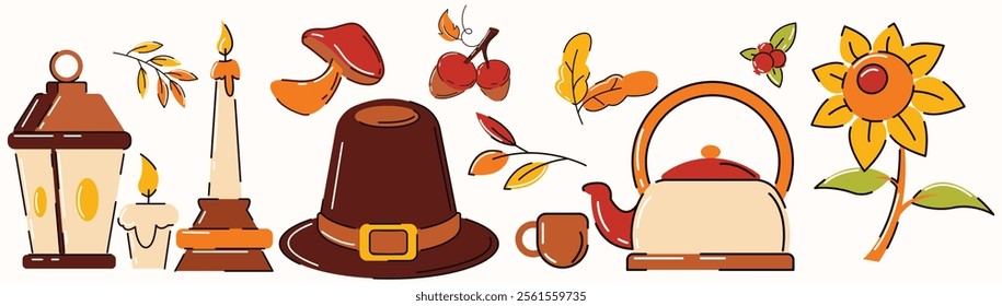 A variety of autumn-themed items, including a pumpkin, a candle, a teapot, a hat, and a sunflower. The pumpkin is positioned on the left side of the image