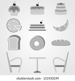 Variety of bakery icons in coffee shop, stock vector