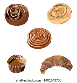 Variety of bakery isolated on white. Vector illustration.