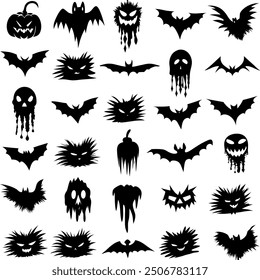 A variety of bats alongside skulls placed on a plain white background