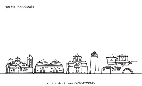 Eine Vielfalt an schöner Architektur auf den Straßen von Nordmazedonien. Stadtlandschaft eines europäischen Landes. Ein Set von handgezeichneten Wahrzeichen für verschiedene Zwecke.