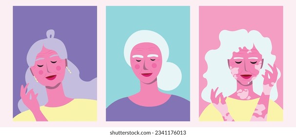 A variety of beautiful natural wrinkled mature women, set or collection, vector stock illustration