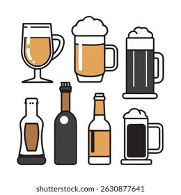 Variety of Beer Drink Vectors Including Foamy Mugs Glasses and Bottles for Bar Design
