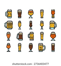 Variety of beer icons presented in different glass shapes and colors, ranging from light lagers to dark stouts and ales, illustrating a diverse beverage selection