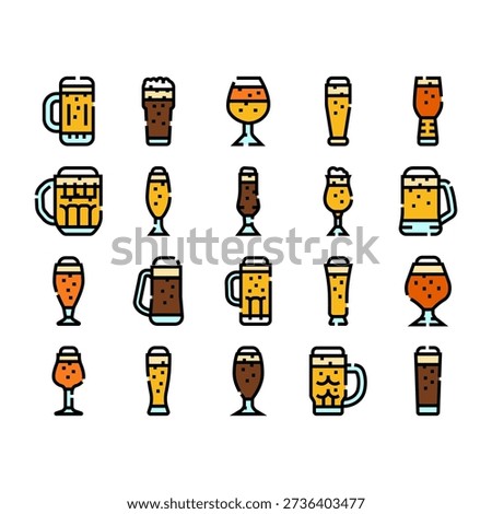 Variety of beer icons presented in different glass shapes and colors, ranging from light lagers to dark stouts and ales, illustrating a diverse beverage selection