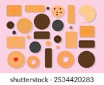 A variety of biscuits and cookies on a pink background. Brands like McVitie