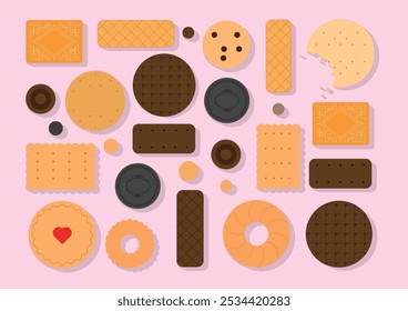 Uma variedade de biscoitos e biscoitos em um fundo rosa. Marcas como McVitie's, Oreo e Bourbon são representadas. As formas incluem redonda, quadrada e retangular.