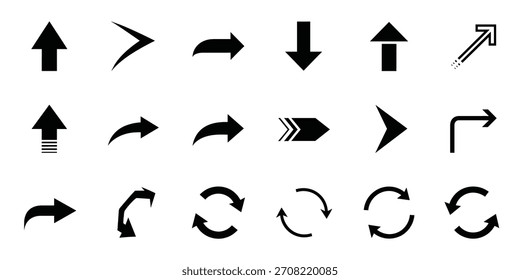 Variedad de iconos de Ilustración vectorial de flecha negra. Estos símbolos representan diversas direcciones, movimiento y herramientas de navegación.