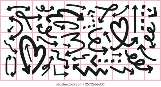 A variety of black arrows and doodles, including hearts and zigzags, on a pink grid background. Arrows and doodles create a playful, dynamic pattern. Element vector set.