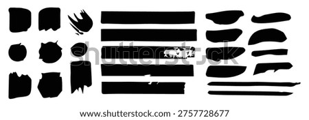 A variety of black brush strokes in different shapes and sizes on a white background, useful for artistic and design applications