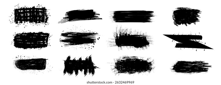 Variedade de pinceladas pretas que mostram diferentes texturas e estilos para design gráfico e projetos artísticos.
