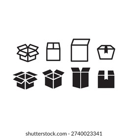 Variety of black cardboard boxes and packaging symbols in a linear design