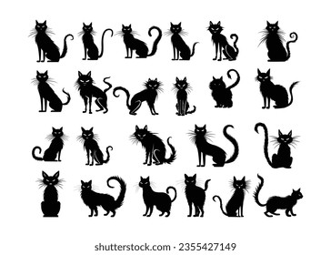 Variety of black cat silhouettes in sitting, walking, and stretching poses. Ideal for Halloween, witches, or pet design projects.