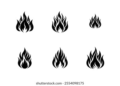 Variety of Black Fire Flame Icon Silhouettes - Vector Design Set  