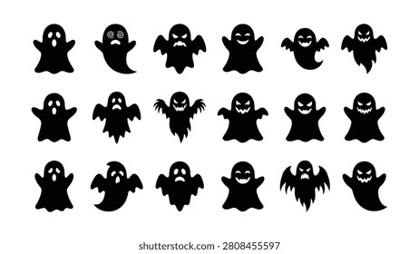 A variety of black ghost silhouettes with different expressions and spooky faces for Halloween
