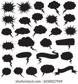 A variety of black graphic elements including comic book style speech bubbles, explosion shapes, and banners against a white background.