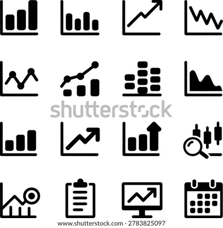 Variety of black line chart stock market financial growth and analysis icons with different styles