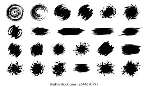 Variety of black paint brush strokes for vector design elements illustration set