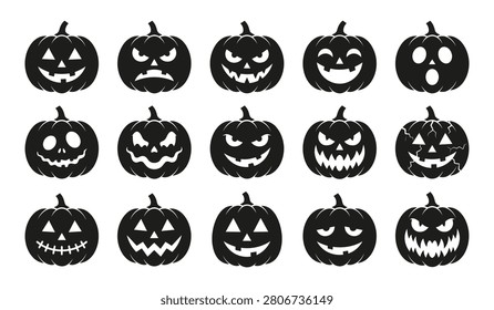 Variety of black silhouette jack-o'-lantern faces with different expressions, ideal for Halloween themed designs, party decorations, and autumn graphics.