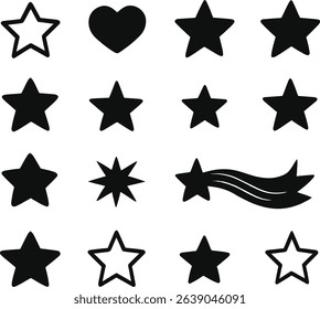 A variety of black star icons featuring different styles including outlined stars, solid stars, starburst, and shooting star, with a heart symbol included. Ideal for user interfaces, design tools, and