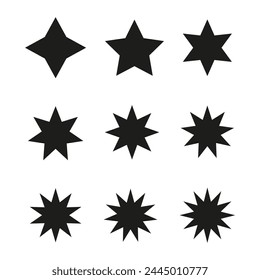 Variety of black star shapes. Set of classic geometric stars. Decorative star icons. Vector illustration. EPS 10.