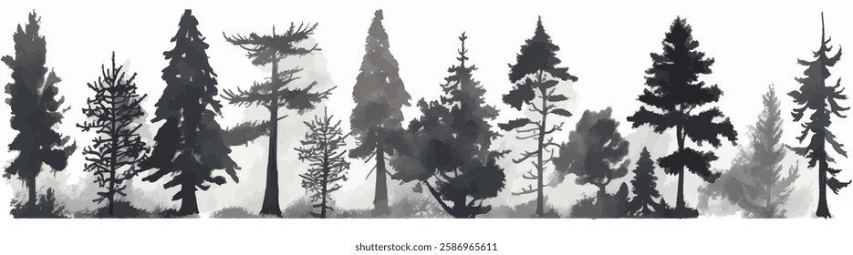 A variety of black tree silhouettes showcasing different tree shapes and styles.