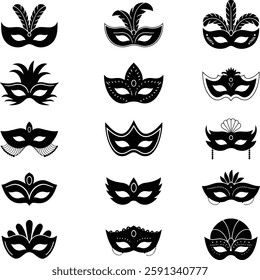 Variety of Black Venetian Masquerade Masks with Intricate Designs , Silhouette , Mardi gras mask, Mardi gras vector , set of mardi gras mask.