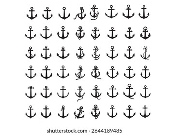 Variety of Black and White Anchor Icons with Ropes, various anchor designs, each with an attached rope, presented in a clean, simple black and white silhouette style, anchor, nautical, marine, sea, sh