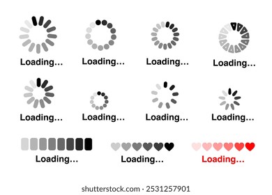 A variety of black and white circular and bar-style loading icons, showcasing different loading animations and progress bars commonly used in websites.