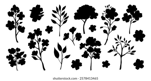 A variety of black and white drawings of trees and flowers. The trees are depicted in different sizes and shapes, with some appearing to be tall and slender, while others are short and stout