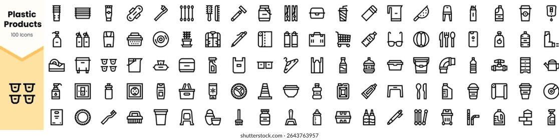 A variety of black and white icons depicting plastic products, including bottles, containers, and tools, showcasing versatility and utility in everyday items.