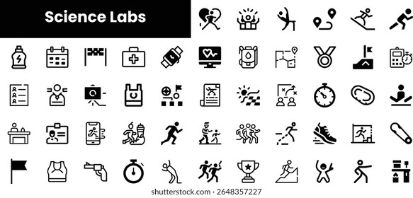 A variety of black and white icons representing scientific and health fields, depicting themes like fitness, research, and achievement in a modern, minimalistic style.