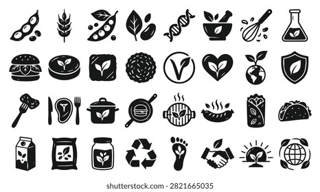 A variety of black and white icons representing vegan and vegetarian food options and concepts