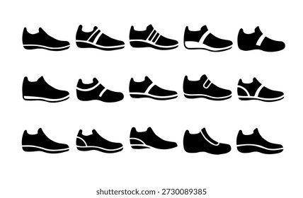 A variety of black and white vector icons showcasing different styles of athletic sneakers and trainers for men and women.