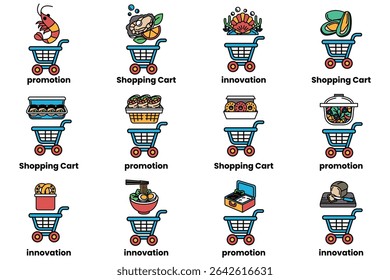 A variety of blue shopping carts, each with a different concept or idea. Some of the carts are labeled with words like "Promotion," "Shopping Cart," "Shopping Cart," "Shopping Cart
